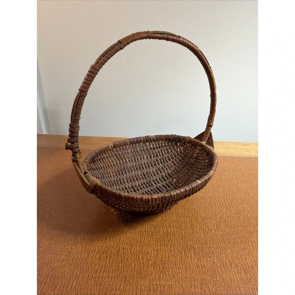 Vtg Woven Wooden Gathering Basket Arched Handle 7